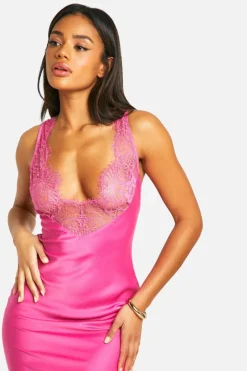 Cami Dresses|Midi Dresses*boohoo Lace Trim Satin Midi Slip Dress hot pink