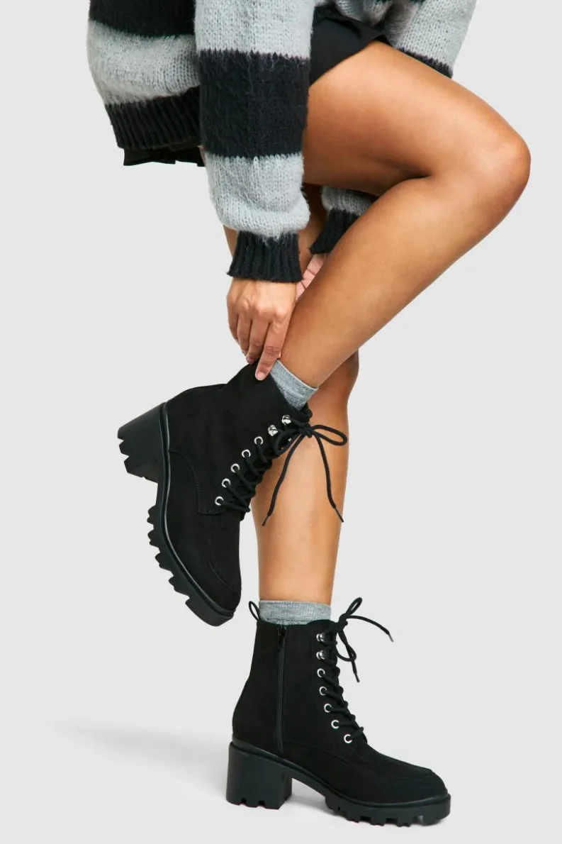 Biker Boots|Heeled Boots*boohoo Lace Up Heel Hiker Boot black