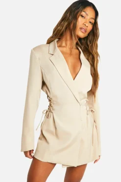 Blazer Dresses|Mini Dresses*boohoo Lace Up Side Blazer Dress taupe