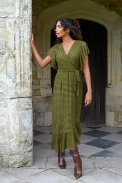 Wrap Dresses*Blue Vanilla Lace Wrap Midi Dress Khaki
