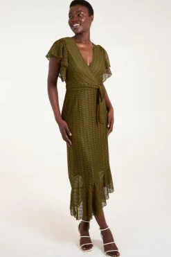 Wrap Dresses*Blue Vanilla Lace Wrap Midi Dress Khaki