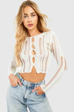 Cardigans*boohoo Ladder Knit Crop Cardigan cream