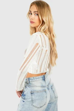 Cardigans*boohoo Ladder Knit Crop Cardigan cream