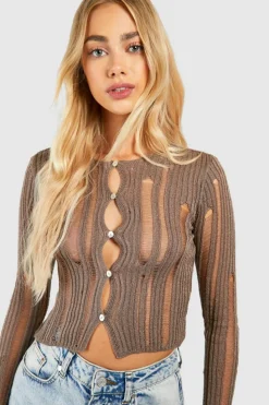 Cardigans|Knitwear*boohoo Ladder Knit Crop Cardigan mocha