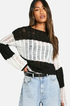 Oversized Jumpers|Jumpers*boohoo Ladder Knit Stripe Oversized Sheer Jumper black