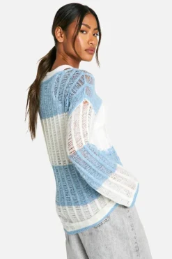 Oversized Jumpers|Jumpers*boohoo Ladder Knit Stripe Oversized Sheer Jumper blue