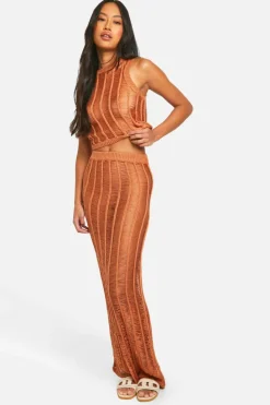 Knitted Co-Ords|Bottoms*boohoo Ladder Stitch Racer Top And Maxi Skirt Knitted Set rust