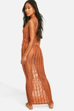 Knitted Co-Ords|Bottoms*boohoo Ladder Stitch Racer Top And Maxi Skirt Knitted Set rust