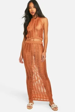 Knitted Co-Ords|Bottoms*boohoo Ladder Stitch Racer Top And Maxi Skirt Knitted Set rust