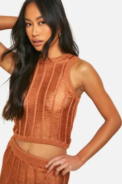 Knitted Co-Ords|Bottoms*boohoo Ladder Stitch Racer Top And Maxi Skirt Knitted Set rust