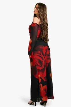 Maxi Dresses|Long Sleeve Dresses*boohoo Large Floral Asymmetric Chiffon Maxi Dress black