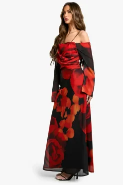 Maxi Dresses|Long Sleeve Dresses*boohoo Large Floral Asymmetric Chiffon Maxi Dress black