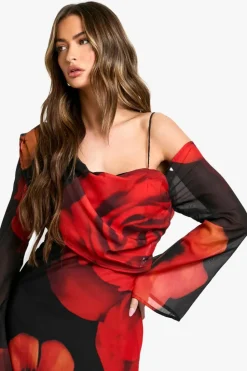 Maxi Dresses|Long Sleeve Dresses*boohoo Large Floral Asymmetric Chiffon Maxi Dress black
