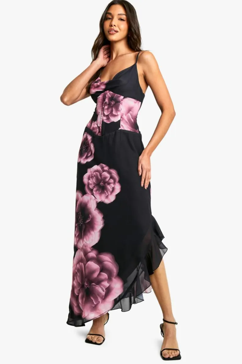 Maxi Dresses|Dresses*boohoo Large Floral Chiffon Corset Maxi Dress black