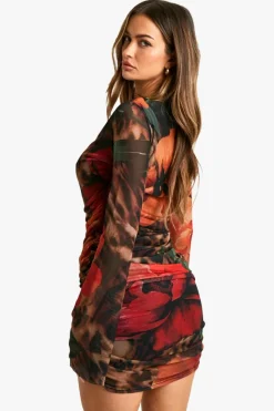 Long Sleeve Dresses|Long Sleeve Dresses*boohoo Large Floral Printed Mesh Long Sleeve Mini Dress brown