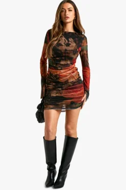 Long Sleeve Dresses|Long Sleeve Dresses*boohoo Large Floral Printed Mesh Long Sleeve Mini Dress brown