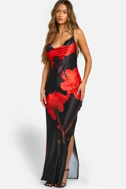 Cami Dresses*boohoo Large Floral Satin Maxi Dress black