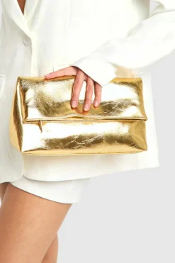 Handbags|Clutch Bags*boohoo Large Metallic Fold Over Clutch Bag gold