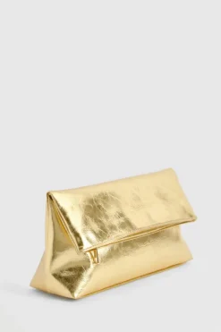 Handbags|Clutch Bags*boohoo Large Metallic Fold Over Clutch Bag gold