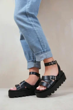 Sandals*Where's That From Layla' Wide Fit Buckle Strap Platform Sandals Black