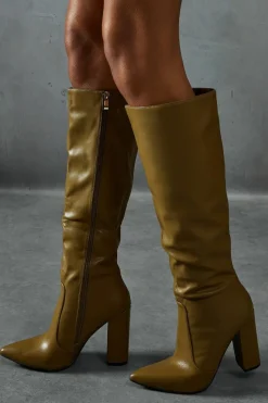 Heeled Boots*MissPap Leather Look Block Heel Pointed Boots olive