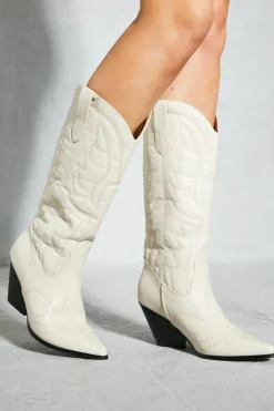 Cowboy Boots|Heeled Boots*MissPap Leather Look Block Heel Western Boots cream
