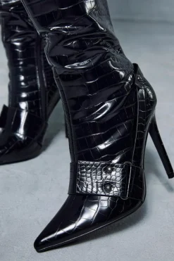 Heeled Boots*MissPap Leather Look Croc Heeled Boots black