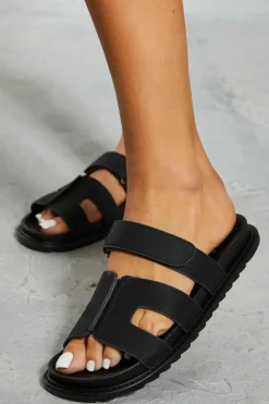 Sandals*MissPap Leather Look Cut Out Strap Sandal black