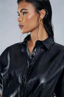 Shirt Dresses*MissPap Leather Look Drop Shoulder Belted Mini Shirt Dress black