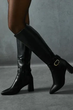Knee High Boots*MissPap Leather Look Gold Buckle Knee High Boots black