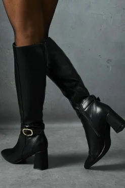 Knee High Boots*MissPap Leather Look Gold Buckle Knee High Boots black