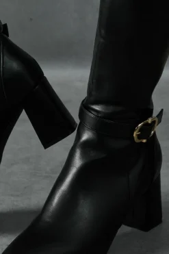 Knee High Boots*MissPap Leather Look Gold Buckle Knee High Boots black
