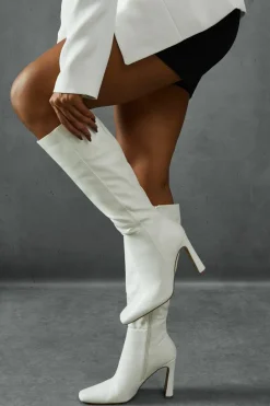 Knee High Boots*MissPap Leather Look Knee High Block Heeled Boots cream