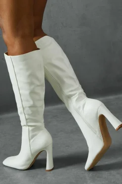 Knee High Boots*MissPap Leather Look Knee High Block Heeled Boots cream