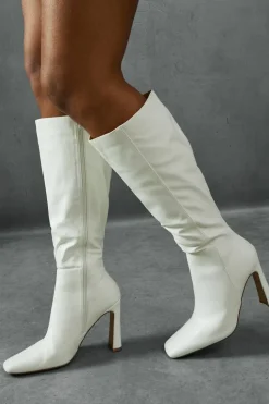 Knee High Boots*MissPap Leather Look Knee High Block Heeled Boots cream