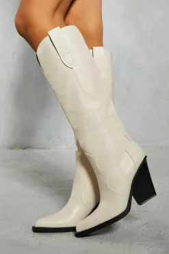 Knee High Boots|Cowboy Boots*MissPap Leather Look Knee High Cowboy Boots nude