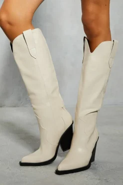 Knee High Boots|Cowboy Boots*MissPap Leather Look Knee High Cowboy Boots nude