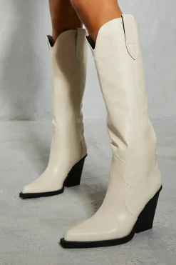 Knee High Boots|Cowboy Boots*MissPap Leather Look Knee High Cowboy Boots nude