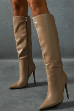 Knee High Boots*MissPap Leather Look Knee High Pointed Boots taupe