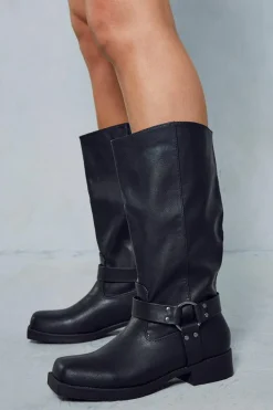 Knee High Boots*MissPap Leather Look Square Toe Buckle Knee High Boots black