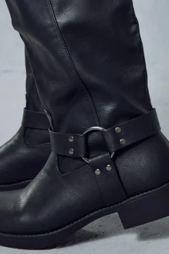 Knee High Boots*MissPap Leather Look Square Toe Buckle Knee High Boots black