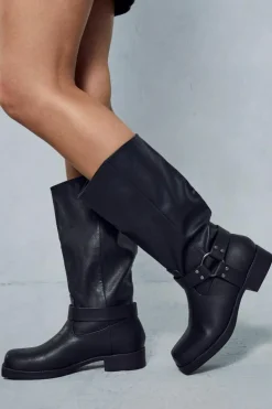 Knee High Boots*MissPap Leather Look Square Toe Buckle Knee High Boots black