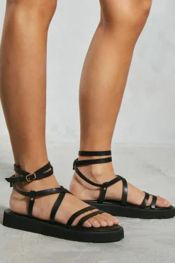 Sandals*MissPap Leather Look Strappy Flatform Sandals black