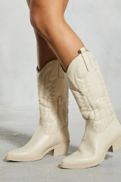Knee High Boots|Cowboy Boots*MissPap Leather Look Western Knee High Boots beige