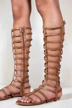 Sandals*Where's That From Leia' Gladiator Knee High Flat Sandals Tan