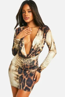 Bodycon Dresses*boohoo Leoaprd Cowl Neck Slinky Mini Dress brown