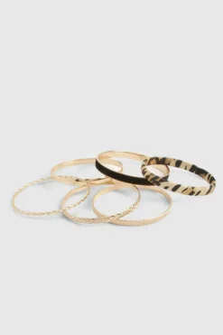 Bracelets*boohoo Leopard and Bangle 6 Pack gold