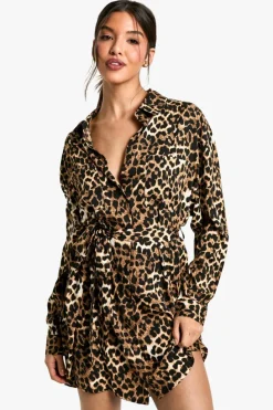 Shirt Dresses|Mini Dresses*boohoo Leopard Batwing Belted Shirt Dress brown