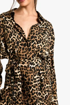 Shirt Dresses|Mini Dresses*boohoo Leopard Batwing Belted Shirt Dress brown