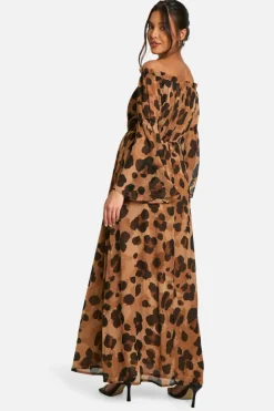 Smock Dresses*boohoo Leopard Chiffon Bardot Volume Maxi Dress brown